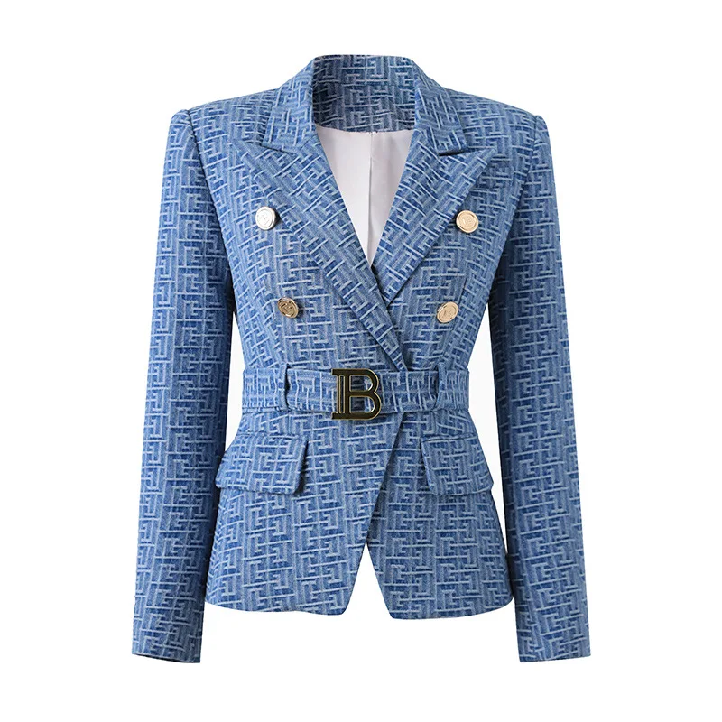 

2022 Autumn New Fashion European And American Ol Temperament Intellectual Shoulder Pads Elegant Coat Denim Fabric Women's Suit