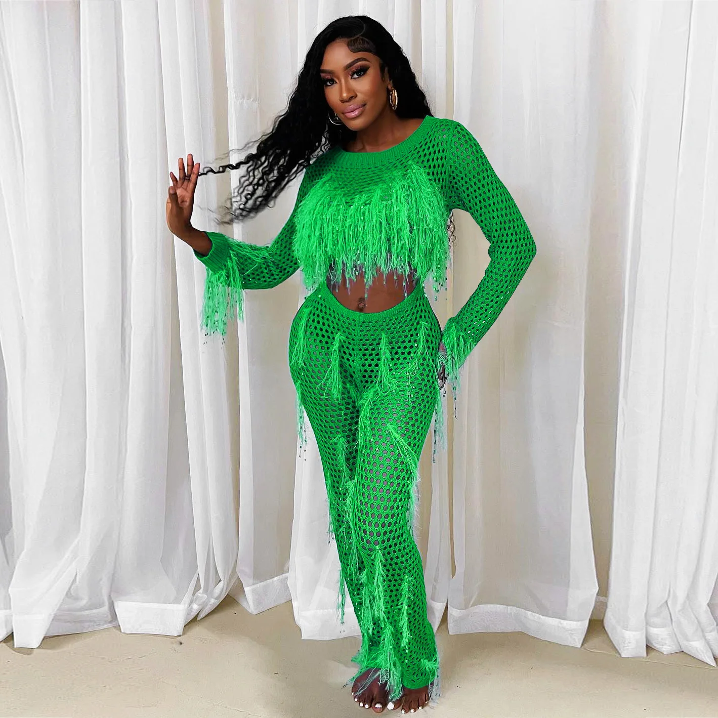 Women'S Sexy  Knitted  Hollow-Out Long Sleeve High Waist  Tassel Slim Fit Romper Girls Fringe Party Beach Jumpsuit Beachwear