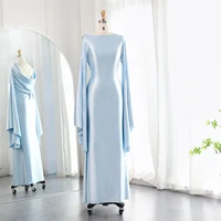 Arabic Light Blue Mermaid Evening Dress with Flare Long Sleeves Criss Cross Dubai Women Wedding Party Gowns F027 1