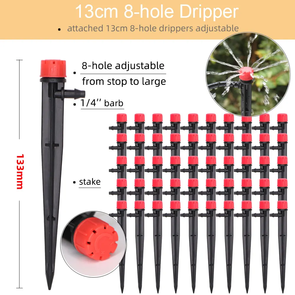Garden 13cm stake 8-hole adjustable nozzles sprinkler 1/4&rdquo; tube drip irrigation emitters for 4/7mm hose watering systems 50PCS garden sprinkler irrigation sprinklers garden irrigation nozzle drip irrigation sprinklers garden dripper drip irrigation stakes