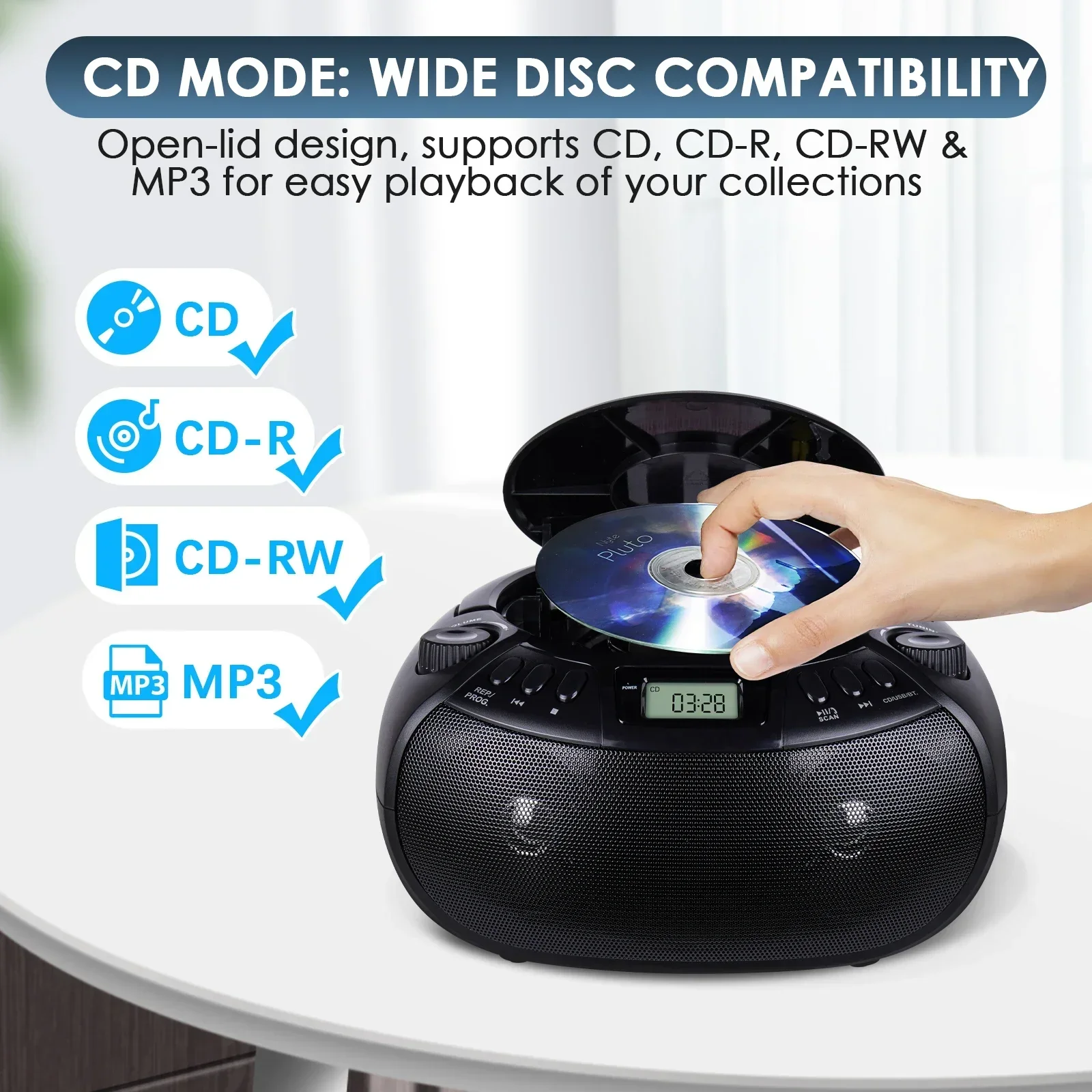 Portable CD Player Boombox with AM/FM Radio, Wireless Connectivity, USB/AUX Input & Stereo Speakers - Supports CD/CD-R/CD-RW/MP3 - 2