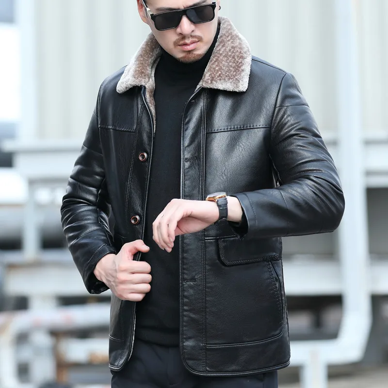 Natural Leather Men's Autumn and Winter Casual Lapel Mid Length Business Leather Down Jacket Plus Size