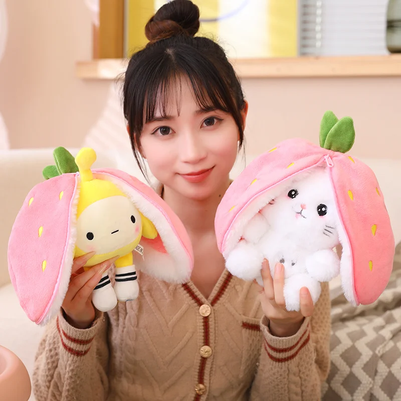 

30 см креативная забавная кукла Клубничный Кролик Плюшевая Игрушка мягкая пчела прячущаяся в клубничном пакете игрушки для детей девочек подарок на день рождения