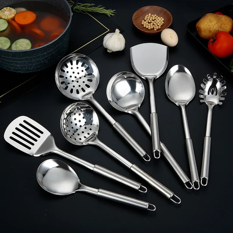 Modern Kitchen Stainless Steel Cooking Tool Set Frying Spatula Soup Spoon Long Handle BBQ Meat Fork Serving Colander Home Gadget kitchen utensils