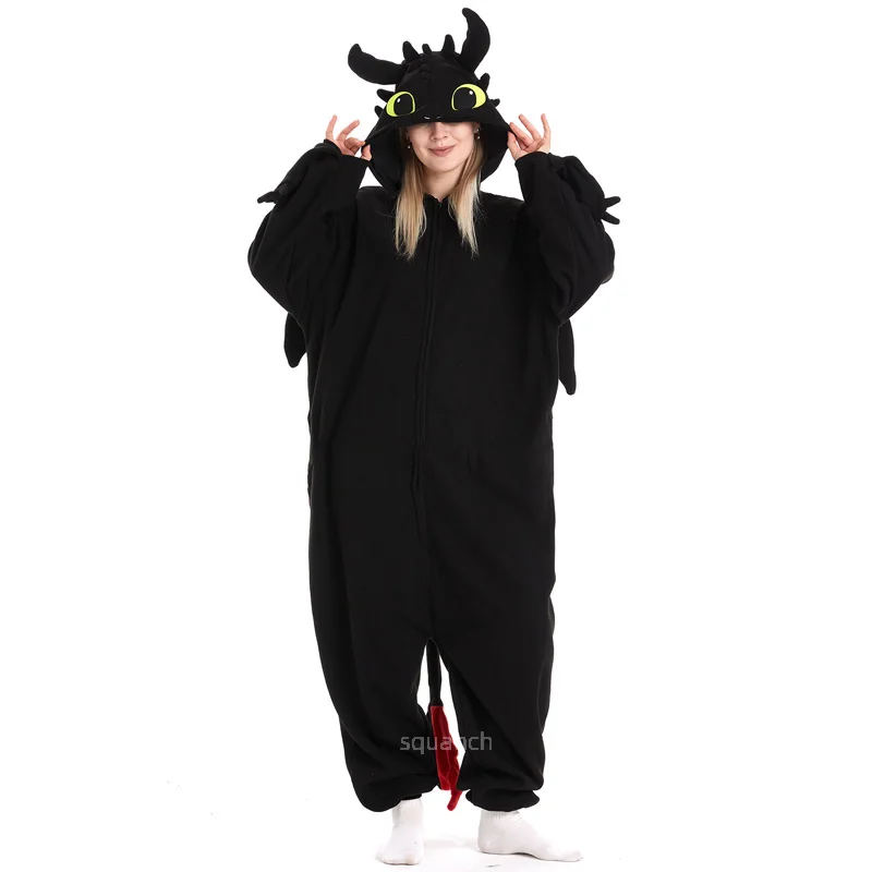 Kigurumi Pajamas Onesies Couple Halloween Dragon Black White Anime Women Men Zipper Jumpsuit