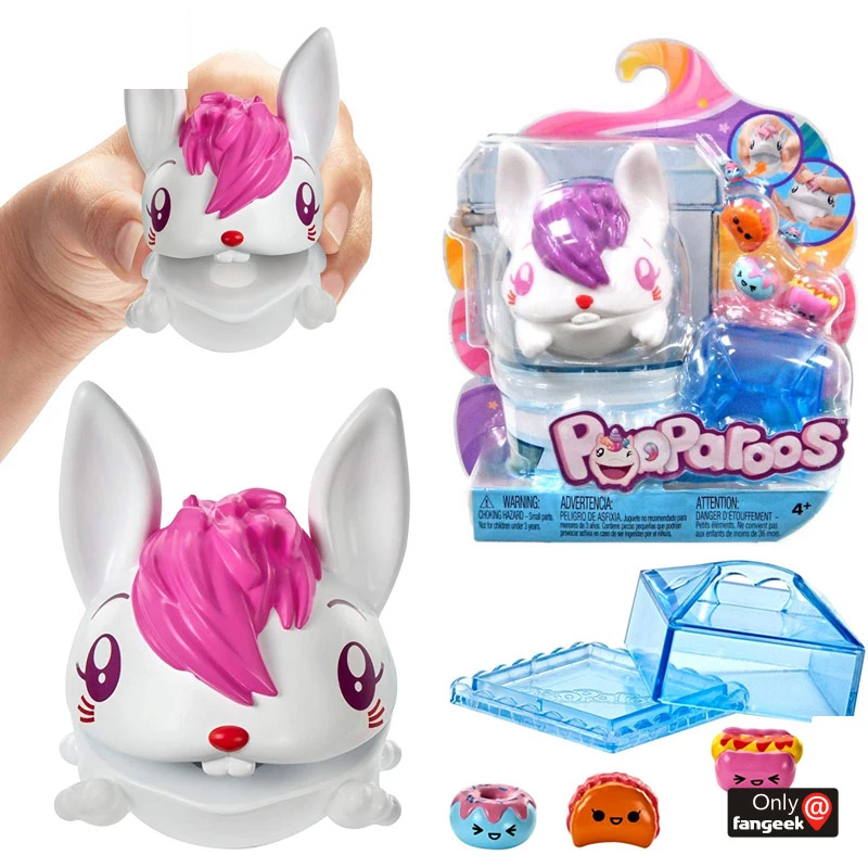 Pooparoos White Bunny Rabbit~Squishy Toilet Pet~3 Foods NEW! 