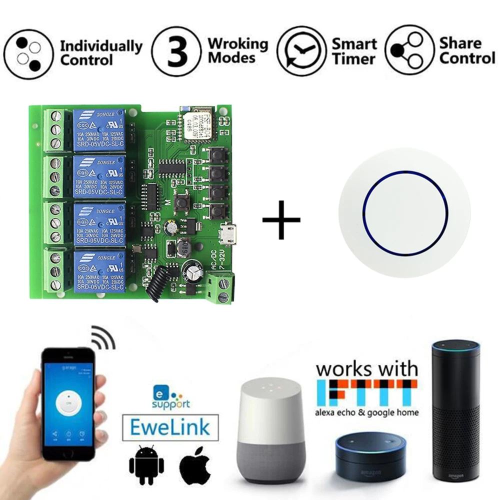 

4 Channel Ewelink WiFi RF Switch Module DC 7-32V USB 5V with 433mhz Remote Controller Smart Home For Alexa Googole Home Nest