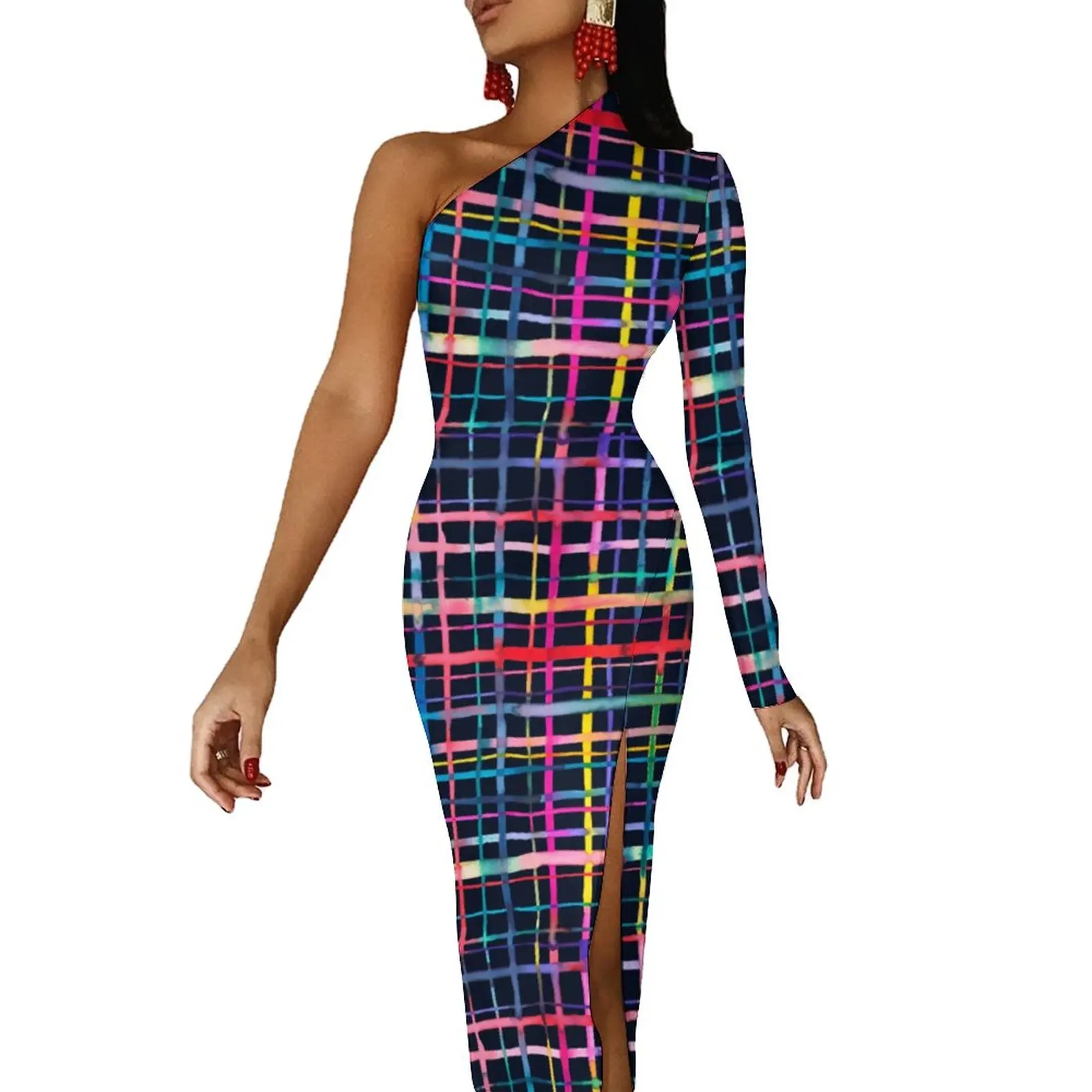 

Abstract Geometry High Slit Bodycon Dress Multicolor Checkered Elegant Maxi Dress Long Sleeve Street Style Pattern Dresses Gift