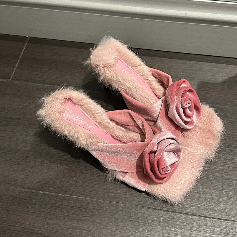 ZOOKERLIN Square Toe Rabbit Hair Women Slippers Shoes Solid Color Thin High Heel Autumn Soft Fur Stiletto Slip On Slides Pumps