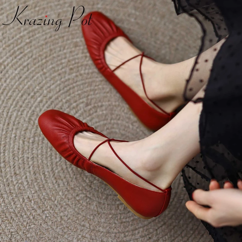 

Krazing Pot Genuine Leather Square Toe High Quality Ballet Flats Pleated Beauty Girls Korean Style Sweet Brand Shoes Women L53
