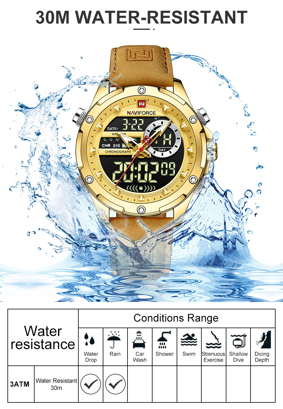 NAVIFORCE New Watches for Men Fashion Sport Chronograph Gold Watch Mens Leather Waterproof Quartz Big Clock Digital Male Watch
