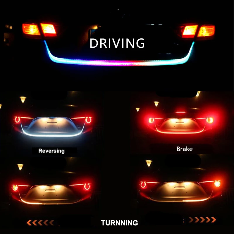 

Car Rear Trunk Tail Light 120cm Colorful Dynamic Reverse Warning LED Strip 12v Auto Additional Brake Follow Turn Signal Lamp