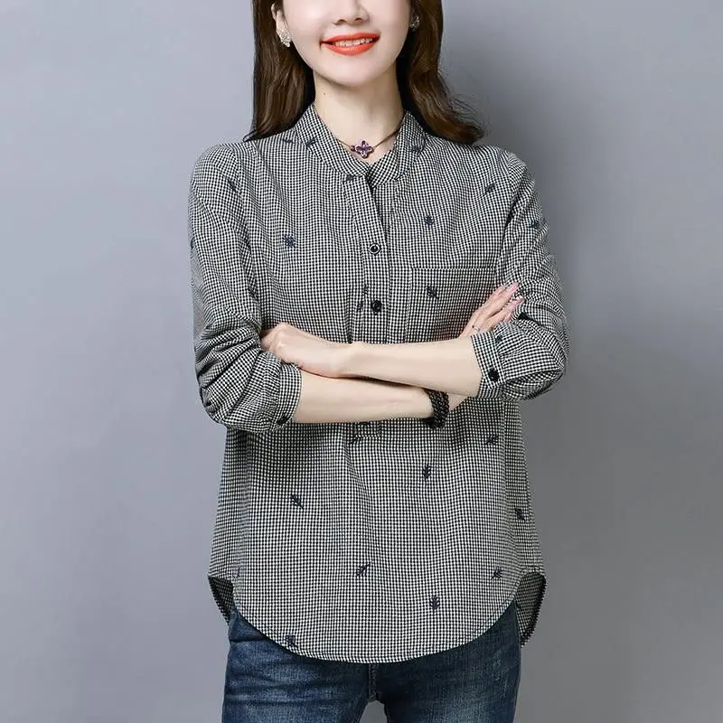Spring and Summer Women's Plaid Shirt Long-sleeved Korean Version Loose Standing Collar Single Breasted Fashion Casual Commute