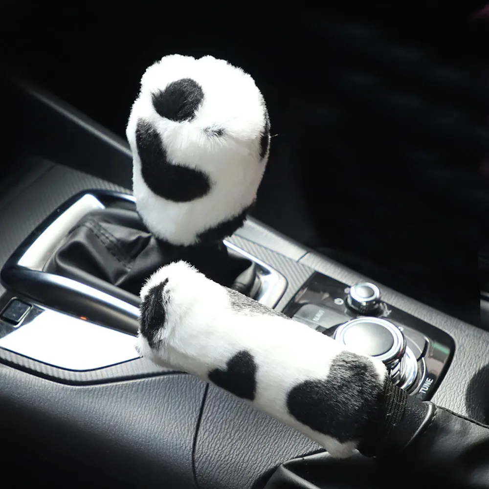 

Car Plush Shifter Hand Brake Covers Soft Warm Hand Brake Cow Print Winter Car Gear Shift Collar Cover Auto Interior Accessories