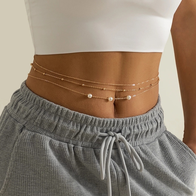 Kpop Bohemia Pearl Thin Belt Waist Beads Chain Jeans Delicate Body Jewelry for Women Harness Fashion Natural Decorations