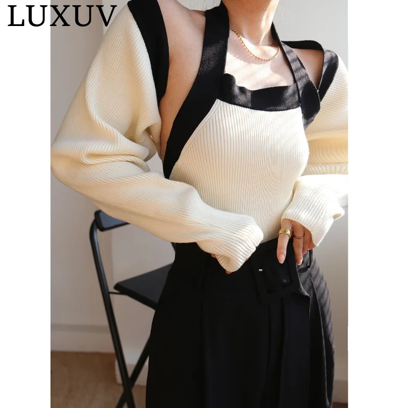 

LUXUV Knitted Cardigan Two-piece Women's 2023 Spring New Style Temperament Lantern Sleeve Sweater Short Sling Y2k Fahion Design