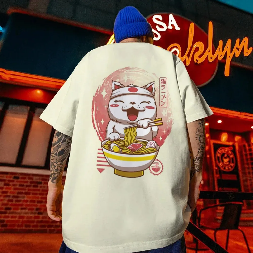 Men's T-Shirt Sushi Lucky Cat Printed Male Clothing Fashion Casual Short Sleeved Loose Oversized Shirt Street Harajuku Tops Tees