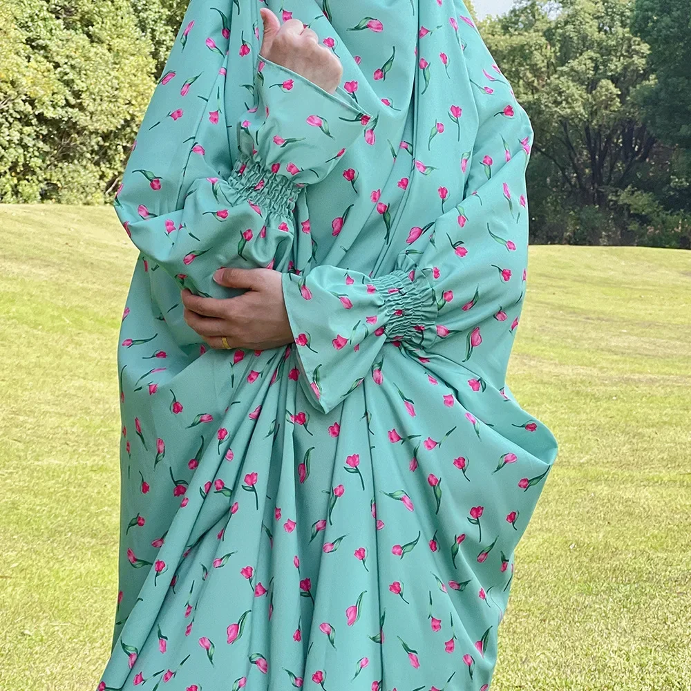 Ramadan Floral Print Hoody Abaya Muslim Prayer Dress Long Khimar Hijab Full Cover Abayas for Women Dubai Islam Kaftan Robe Niqab