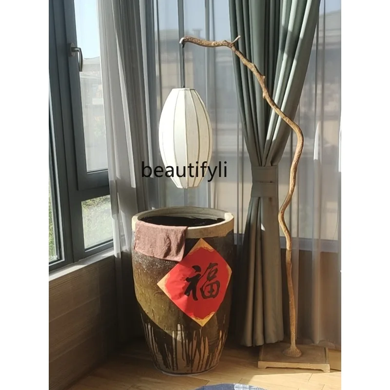 

Qiji Retro New Chinese Zen Floor Lamp Tea Room Study Ambience Light Fabric Lantern Fishing Floor Lamp