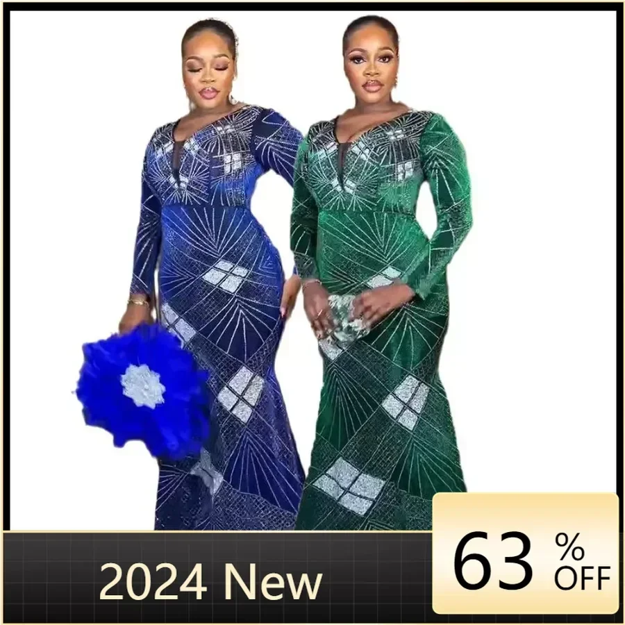 

Sequin African Wedding Party Dresses for Women Spring African Long Sleeve V-neck Long Maxi Dress Gowns Dashiki Africa Clothing