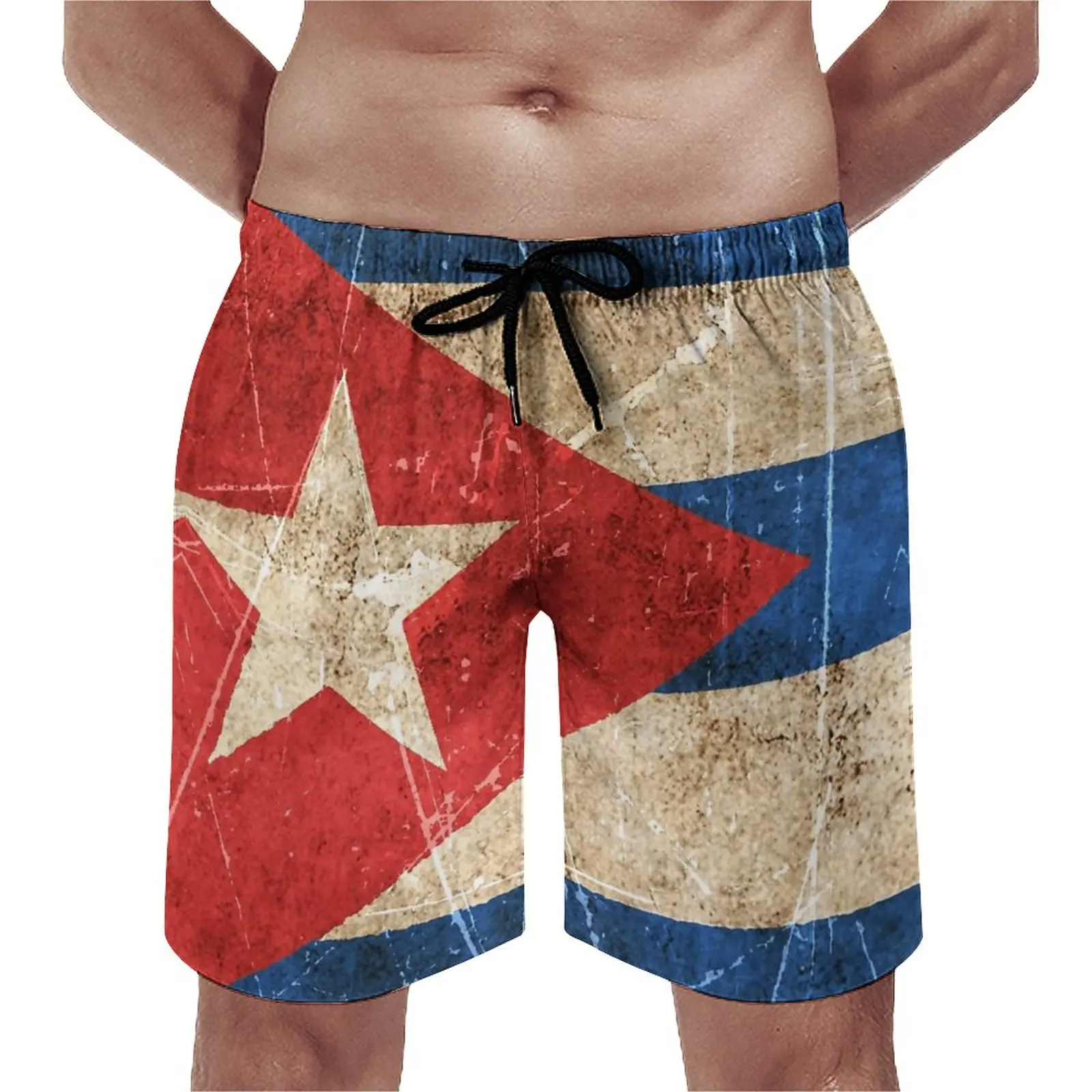 

Vintage Aged And Scratched Cuban Flag Beach Shorts Causal Breathable Quick Dry Graphic Summer Weather Random Adjustable Drawcord