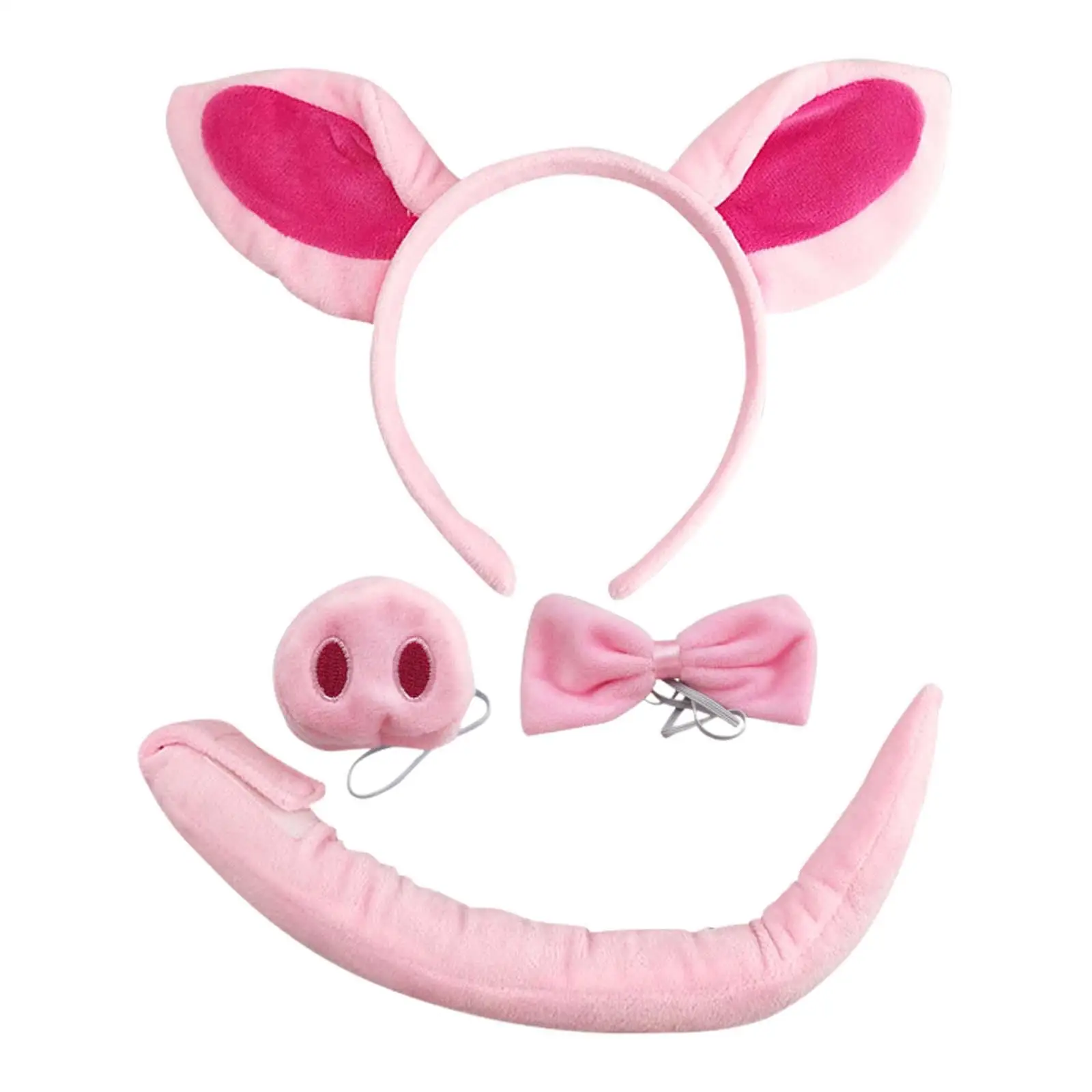 Pig Costume Hairband Elastic Strap Ears Headband Nose Bowtie Tail Cosplay Set for Carnival Animal Themed Parties Halloween Kids