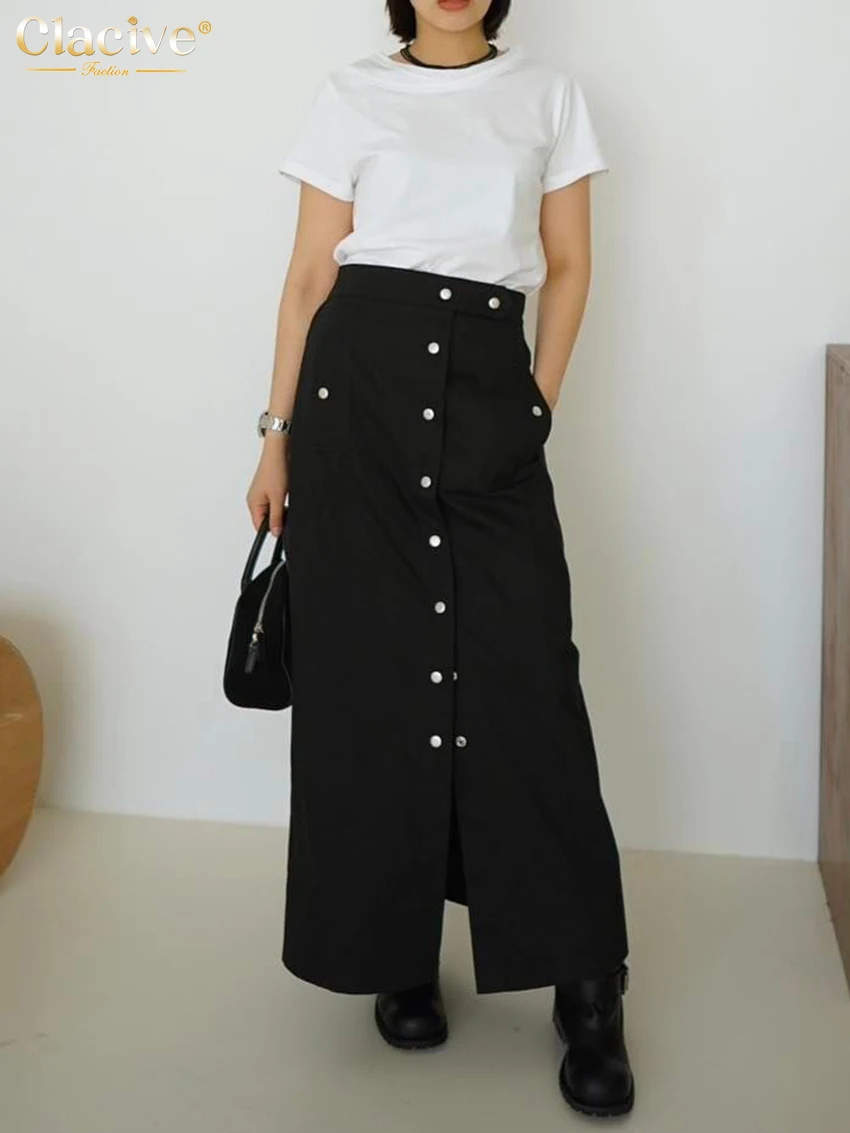 Clacive Fashion Loose Black Office Skirt For Women Elegant High Waist Ankle Length Skirts Vintag Classic Skirt Female Clothing plus size black drainpipe jeans for women high waist button leg opening slim denim cotton ankle length straight pants