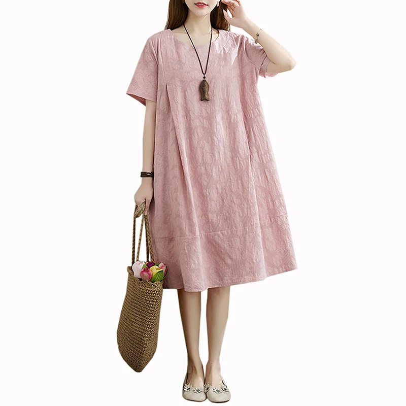 

Женское винтажное платье-трапеция до колен, повседневное свободное платье из хлопка и льна с коротким рукавом, Новинка лета 2024