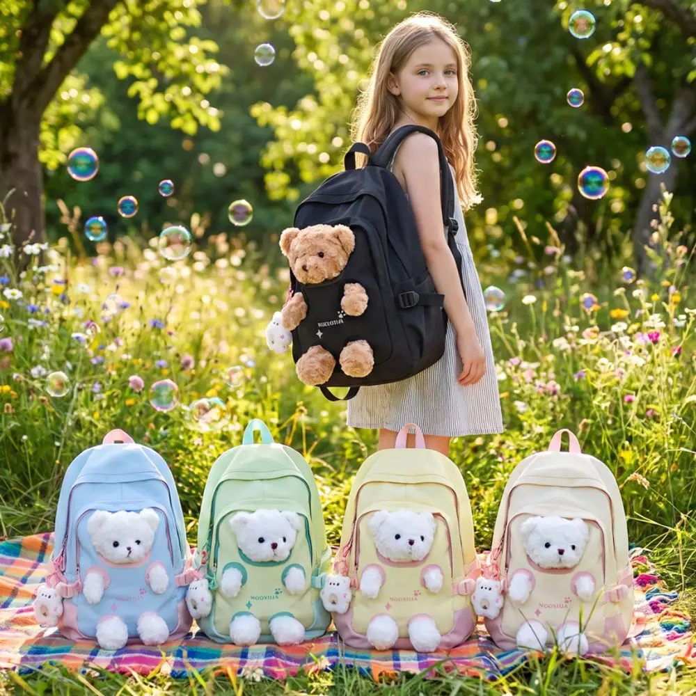 Zaino alla Moda con Orsetto, Carino Zaino Scolastico a Cartone Animato, Grande Capacità, Leggero, per Uso Esterno - immagine 3