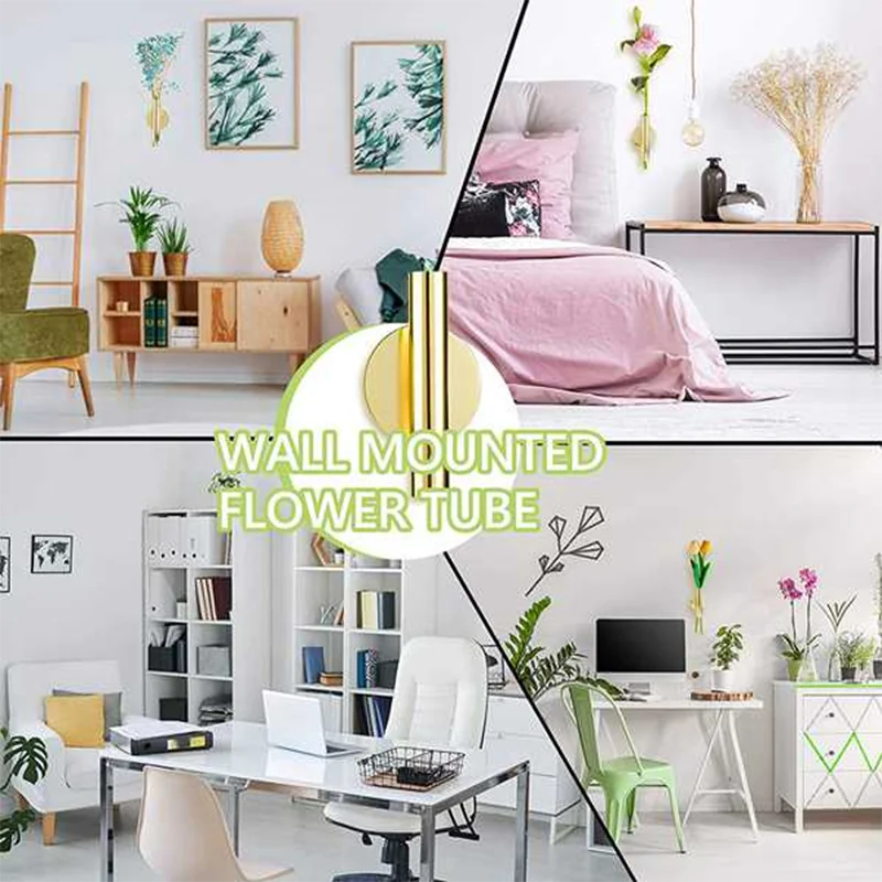 4Pcs Wall-Mounted Flower Tube Wall Metal Vase Decoration Stand Dry Vase Stand for Displaying Flower Decoration,Gold 6
