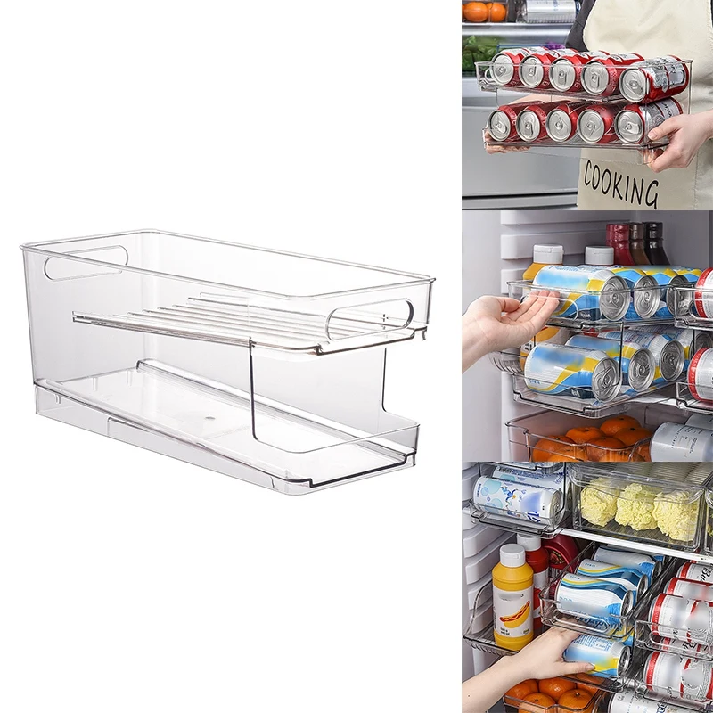 

ABSF 2-Tier Rolling Refrigerator Organizer Bins, Soda Can Storage Rack Container Drink Beverage Dispenser For Freezer