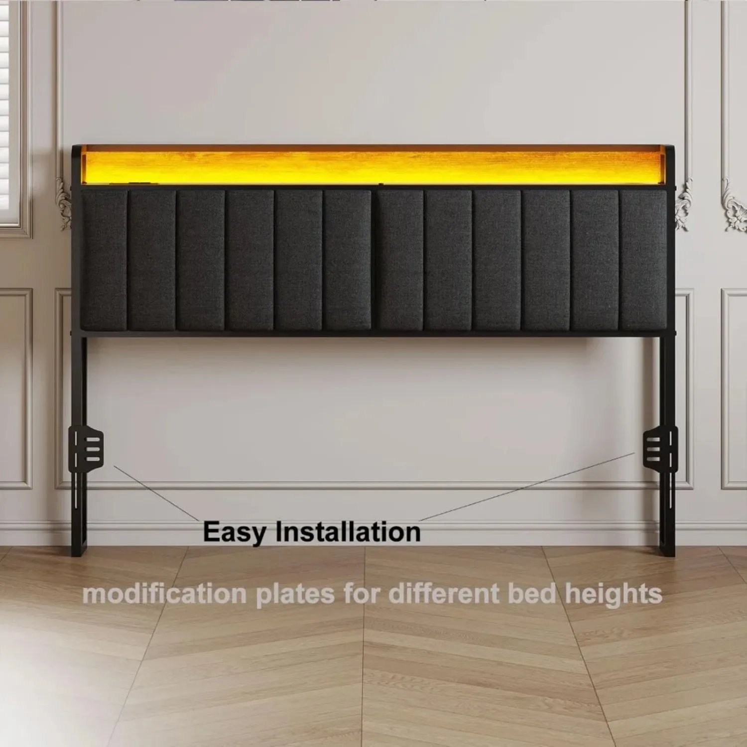 LED King Size Upholstered Headboard with Charging Station, King Storage Headboard Only, Attach Frame Height Adjustable