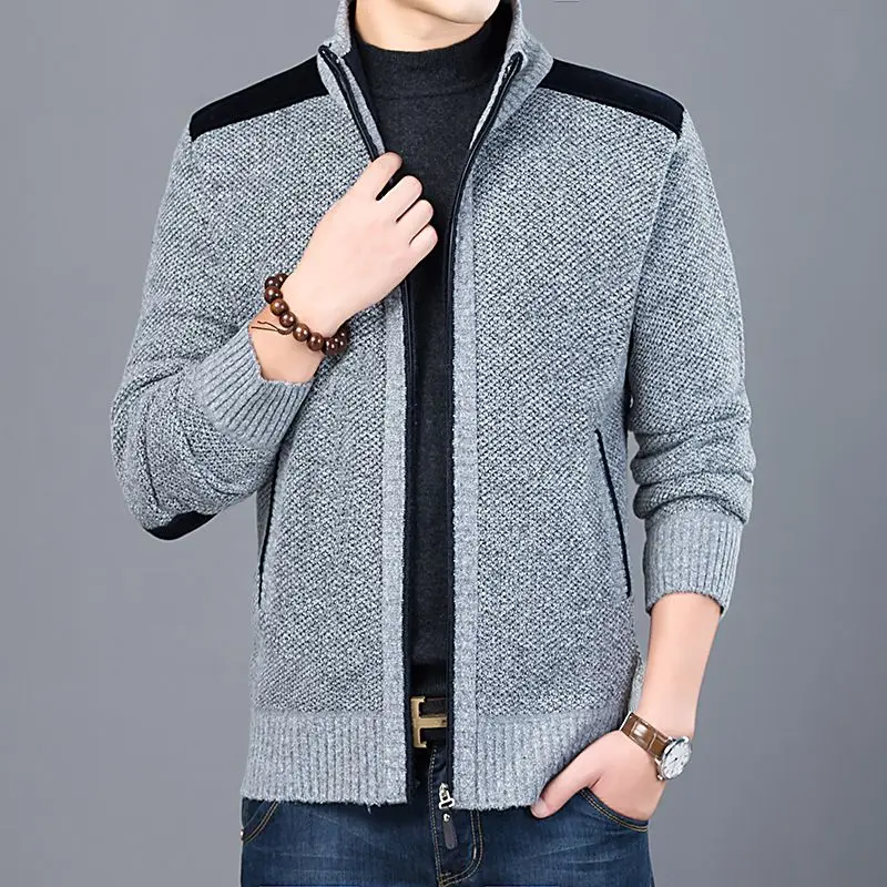 

2023 Autumn and Winter Men Sweaters Fleece Cardigan Men Knitted Warm Sweatercoat Contrast Color Casual Sweater Jacket Men D05
