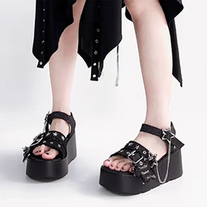 Black Denim Chunky Platform Sandals Women 2025 Summer Y2K Star Ankle Buckle Wedge Sandals Woman Punk Thick Bottom Gothic Shoes