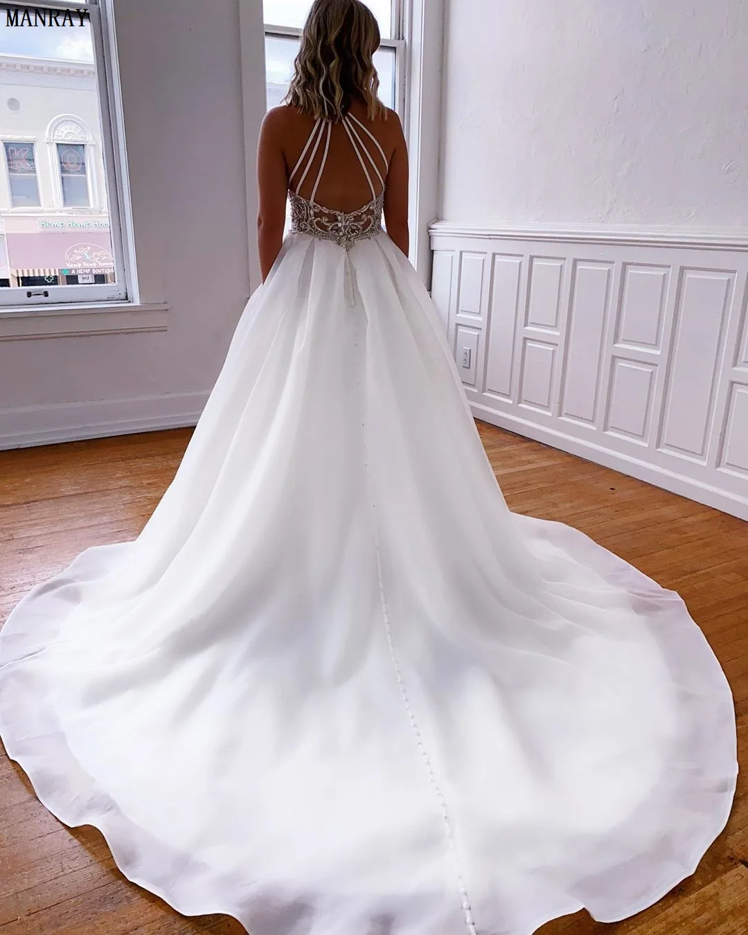 MANRAY jednoduchý lodni linky boho svatební šaty pro ženy bělouš organza vysoký krk krystalů svatební gowns róba de mariage s kapes