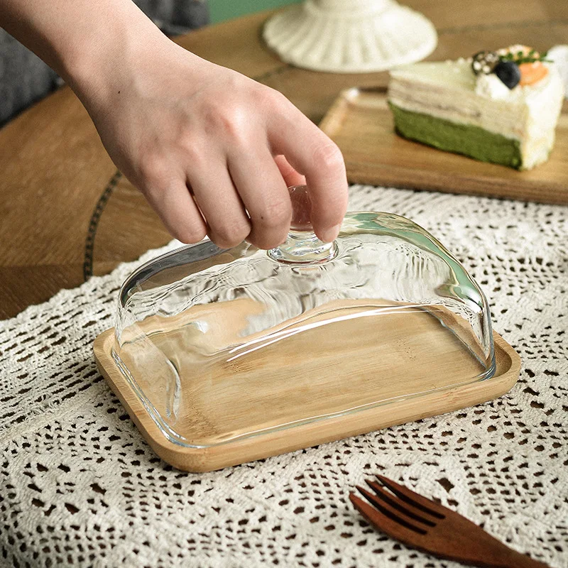 Wooden Square Cake Tray Bamboo and Glass Butter Dish Snack Display Tray Dessert Table Decoration with Glass Cover 2