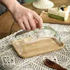 Wooden Square Cake Tray Bamboo and Glass Butter Dish Snack Display Tray Dessert Table Decoration with Glass Cover 2