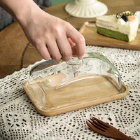 Wooden Square Cake Tray Bamboo and Glass Butter Dish Snack Display Tray Dessert Table Decoration with Glass Cover 2