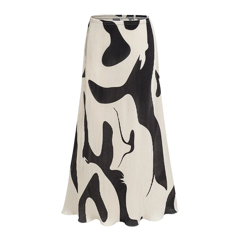 Women Trumpet Pleated Skirts 2024 Printed Mid-Calf long Elegant Sexy Skirts Elastic Waist pleated bodycon skirts for female