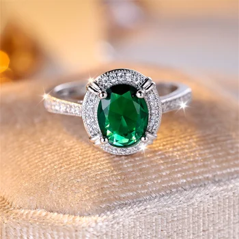 Classic Oval Green Stone Wedding Bands Silver Color Female Egg Shaped Zircon Vintage Promise Engagement Rings For Women Jewelry