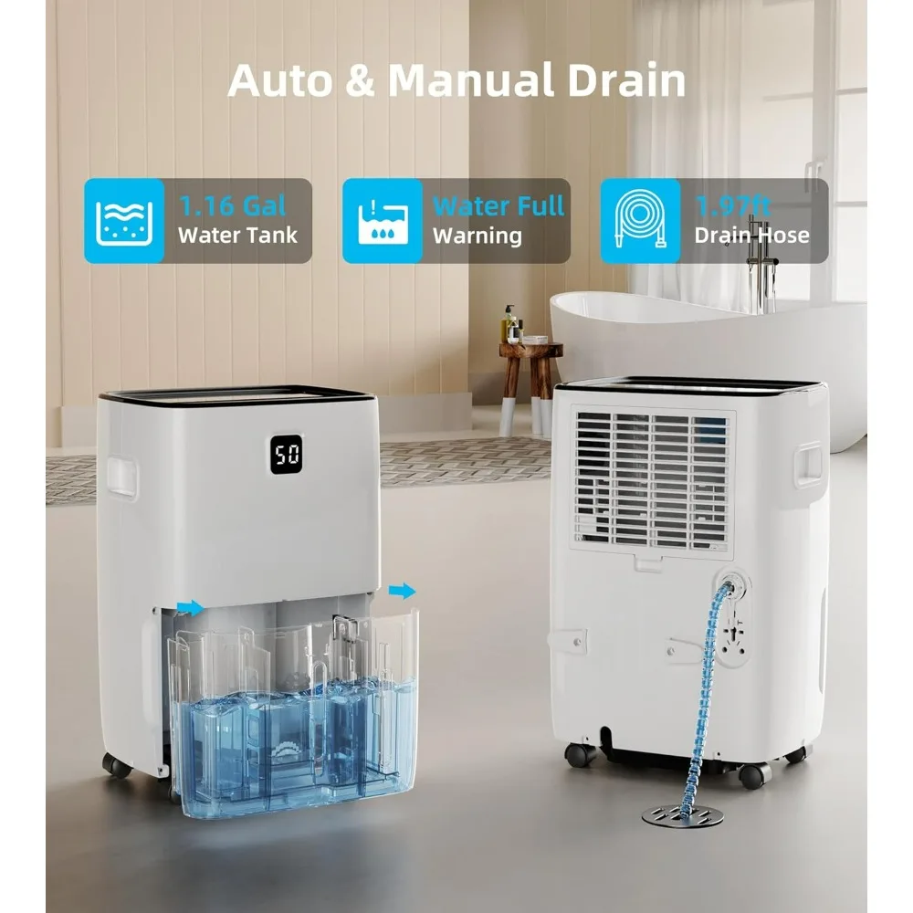 Dehumidifier for Basement with Drain Hose,24H Timer, Child Lock Dehumidifiers for Home Large Room Bathroom with Water Tank