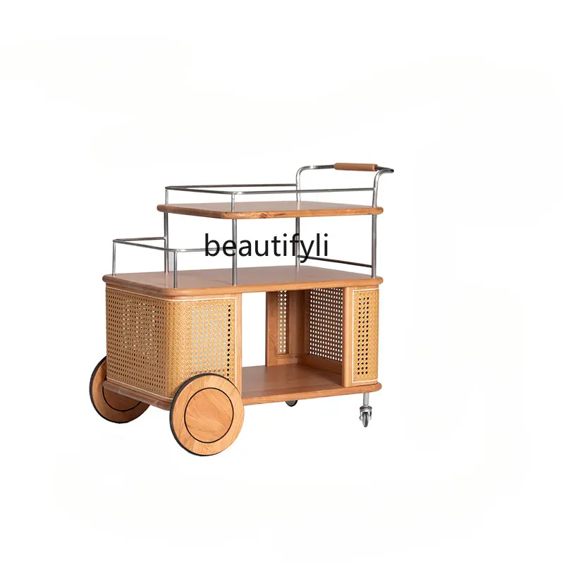 

yj Trolley Nordic Solid Wood Rattan Sofa Side Cabinet Side Cabinet Side Cabinet Living Room Mobile Side Table with Wheels