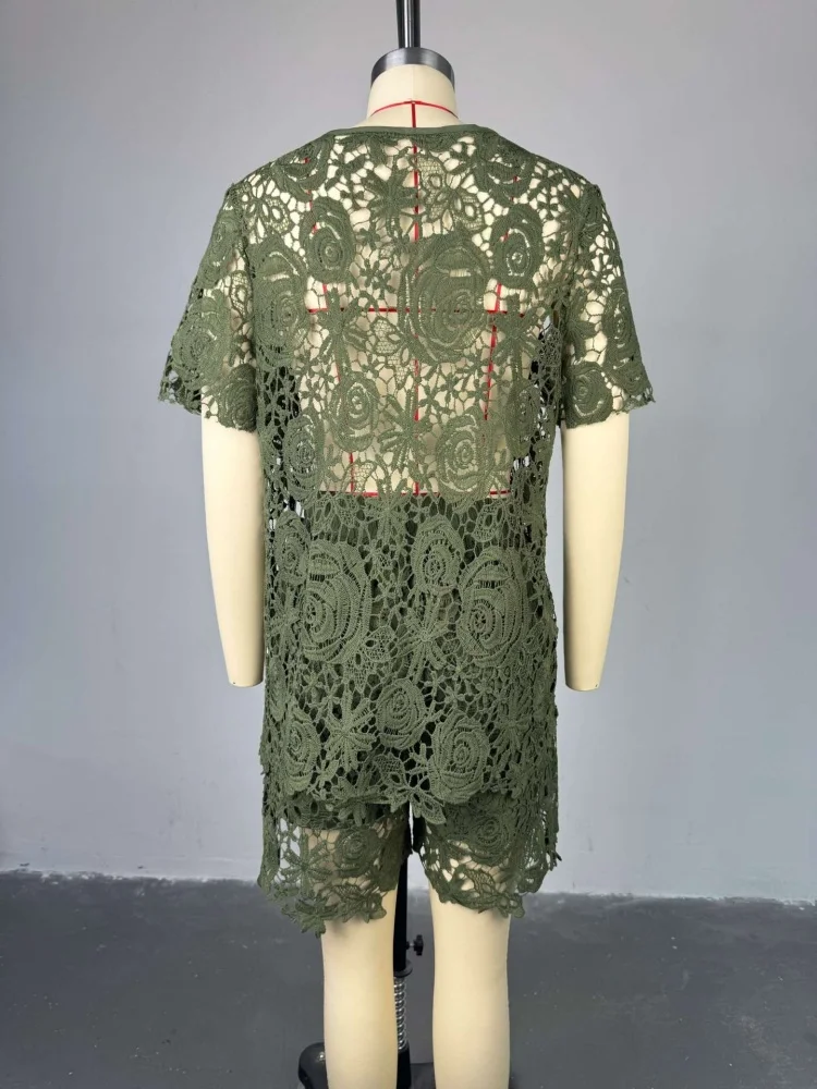 Wmstar Women 2 Piece Sets Wholesale Summer New Sweet Fresh Lace Stand Short Sleeved Shirt High Waist Shorts Sets Matching Suit