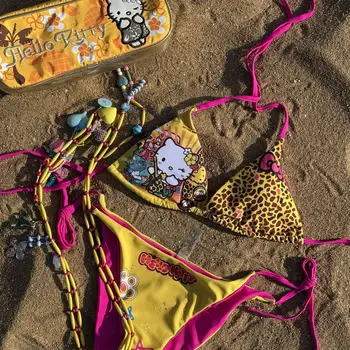 Kawaii Japanese Kitty Hot Girl Split Strap Summer Bikini Girls Seaside Fashion Resort Swimsuit Leopard Print Cartoon Hello Kitty 1