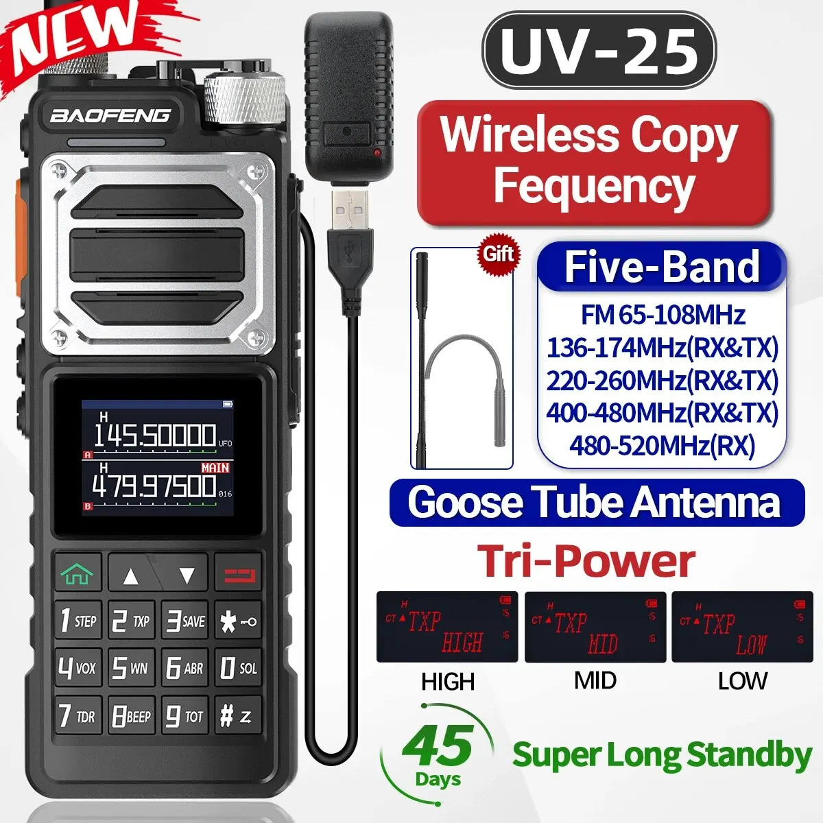 Baofeng Uv 25 Walkie Talkie High Power Tri Band Long Range Goose Tube Wireless Copy Frequency Type-C Uv K5 Ham Radio Bidirezionale