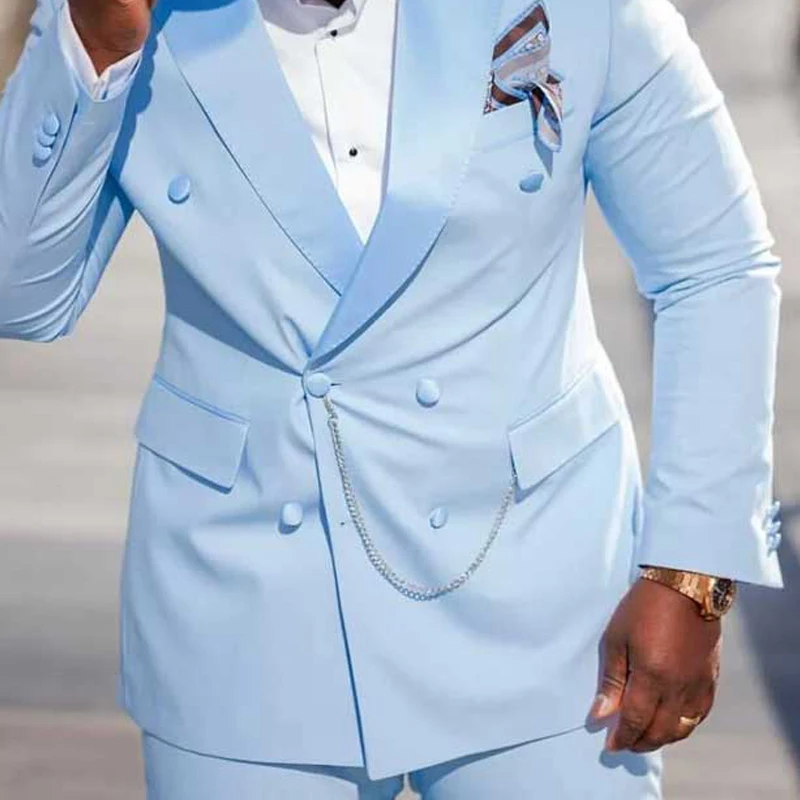 Slim Fit Men Suit With Double Breasted Light Sky Blue 2 Piece Groom Tuxedo For Wedding Prom African Man Fashion Set Jacket Pants