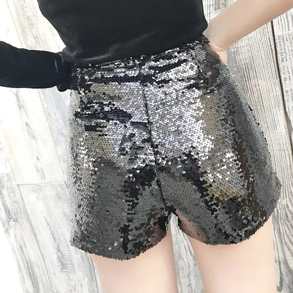 Women Shiny Sexy Sequin High Waist Shorts Feminino O-Ring Zip Bodycon Shorts Skinny Dance Party Club Raves Pole Shorts Fashion