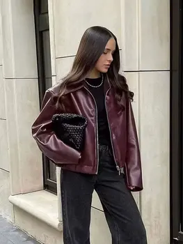 HH الشارع بولي Leather سترة نسائية جلدية خمر موضة سستة كم طويل معطف الإناث 2024 الخريف بدوره إلى أسفل طوق سيدة أبلى 5