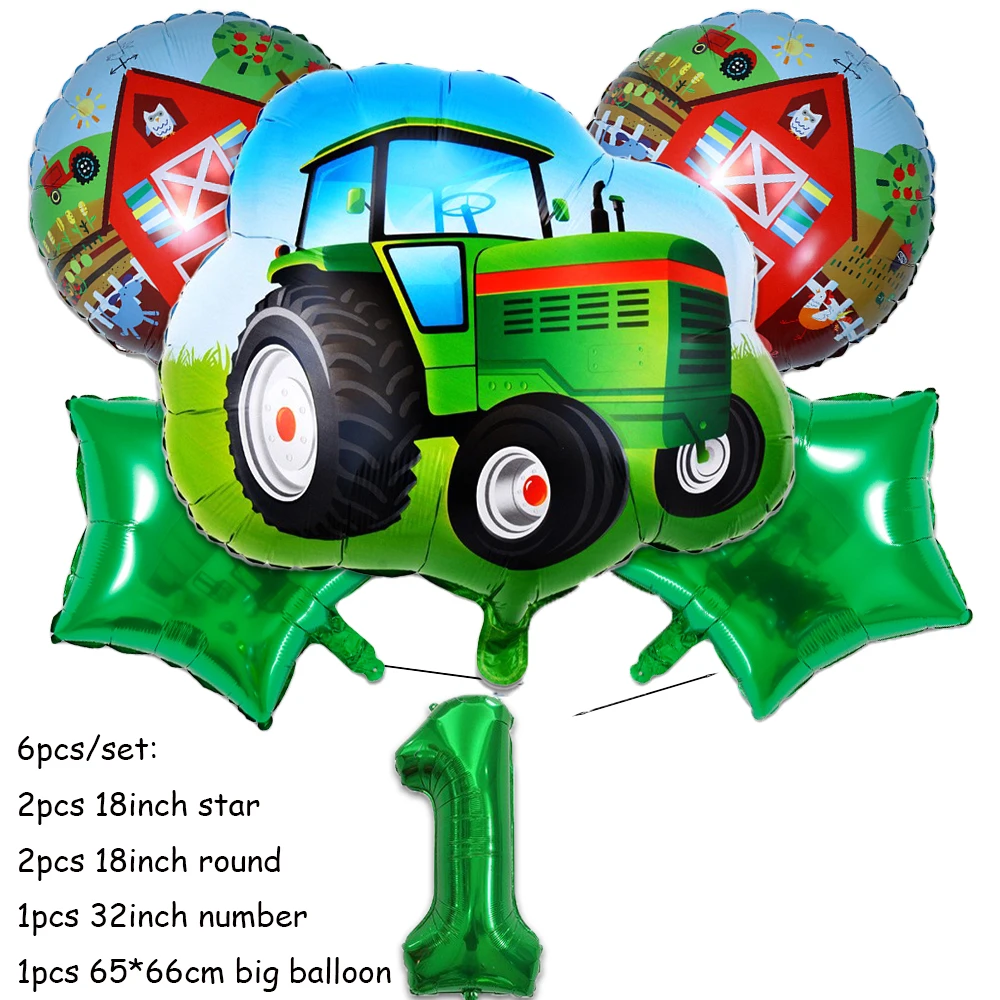 Green Farm Tractor Birthday Party Tableware Set with Banner, Balloons, Cups, Plates, and Napkins