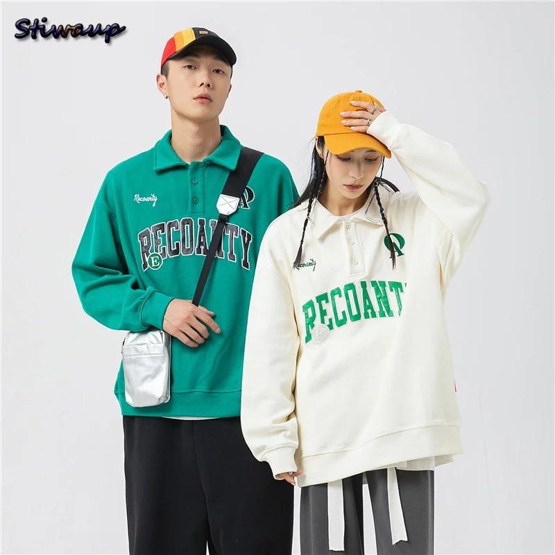 

Women's Aesthetic Sweatshirts 2022 Trend Letter Patch Design Long Sleeve Polo T Shirt for Men Korean Sweatshirts Without Hood